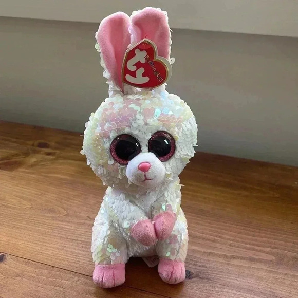 TY Beanie Boo Flippables | Bonnie Easter rabbit Sequin Beanie 7" white and pink - Picture 1 of 10